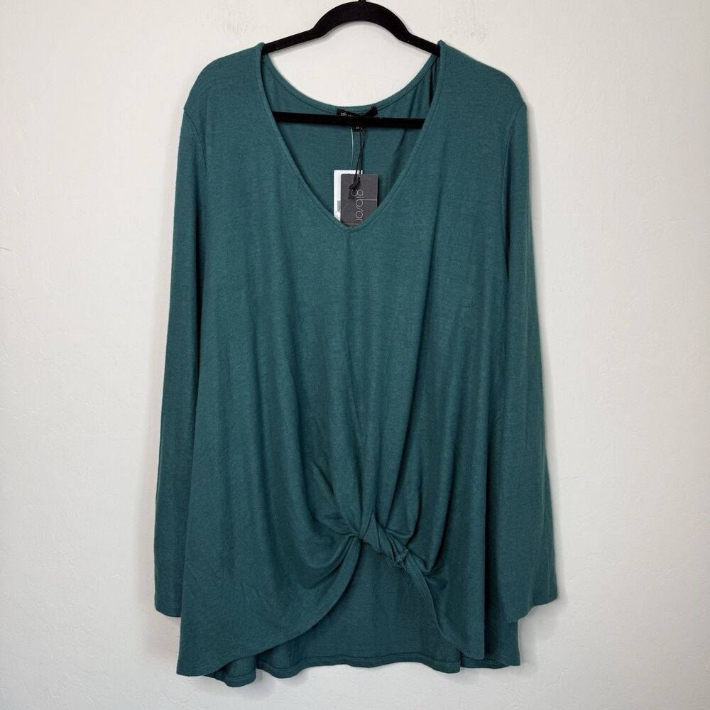 Gibson NWT Size 3X Teal V Neck Tie Front long Line Fleece Tunic Sweater Classy